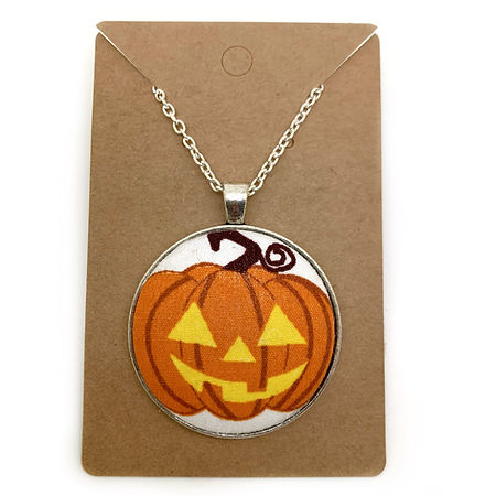 Grinning Pumpkin - Large Fabric Button Necklace