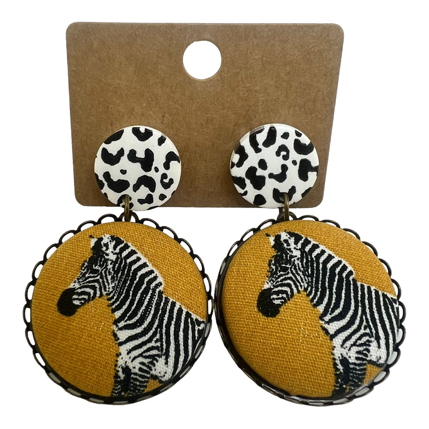 Mustard Zebra Fabric Button Drop Earrings