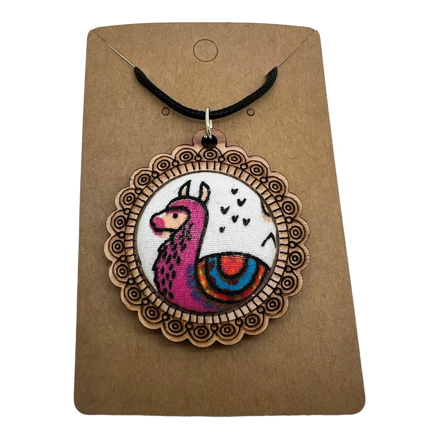 Pink Llama - Wood Frame Necklace
