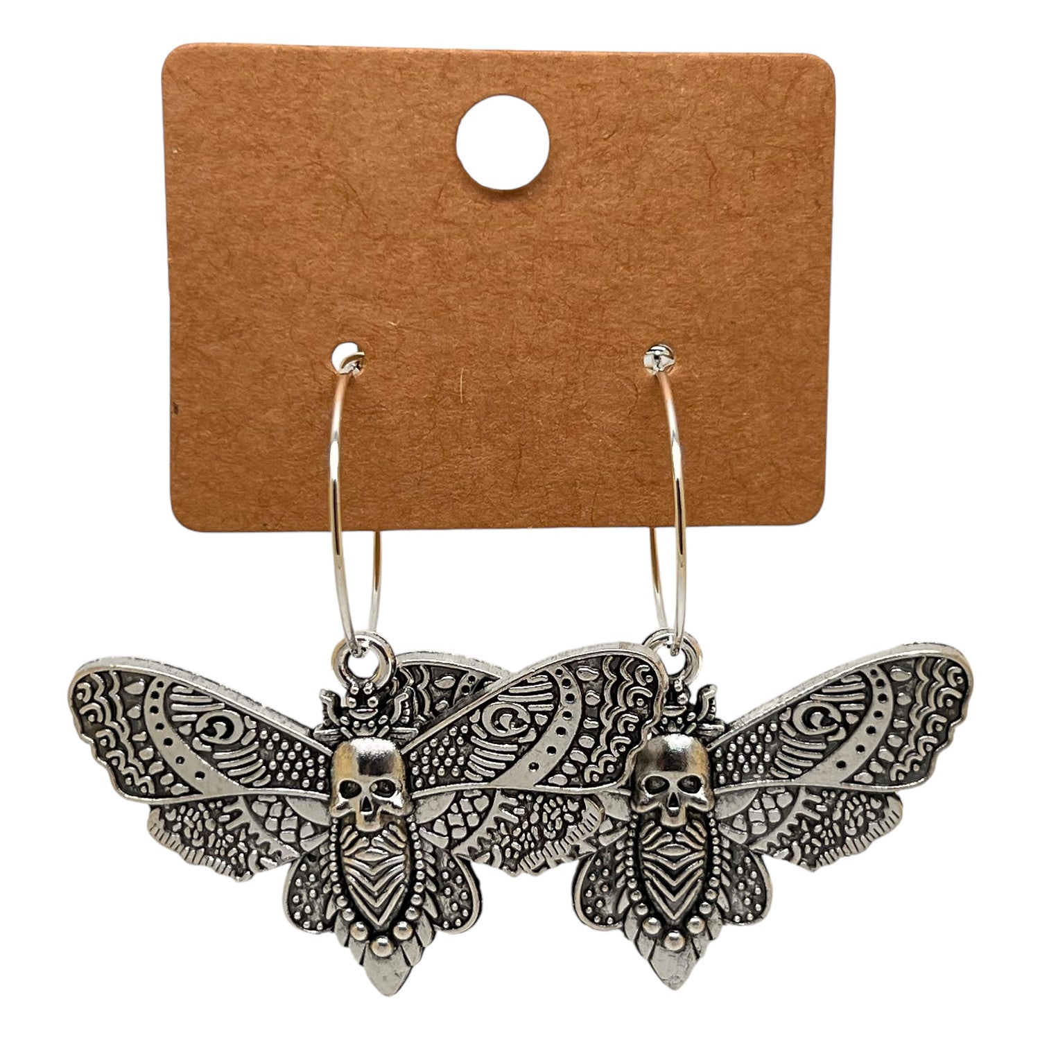 Large Silver Death Moth Hoop Earrings