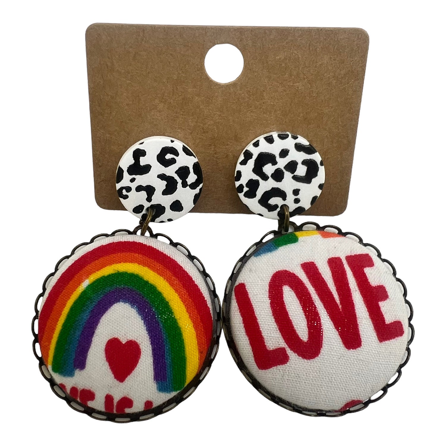 Rainbow Pride Love Fabric Button Drop Earrings