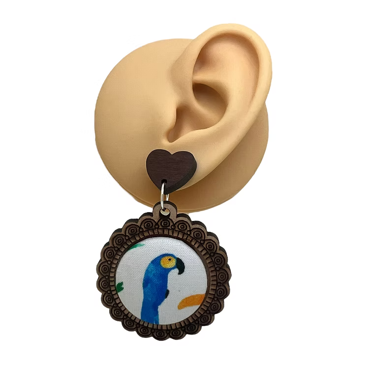Blue Parrot Wood & Fabric Button Earrings
