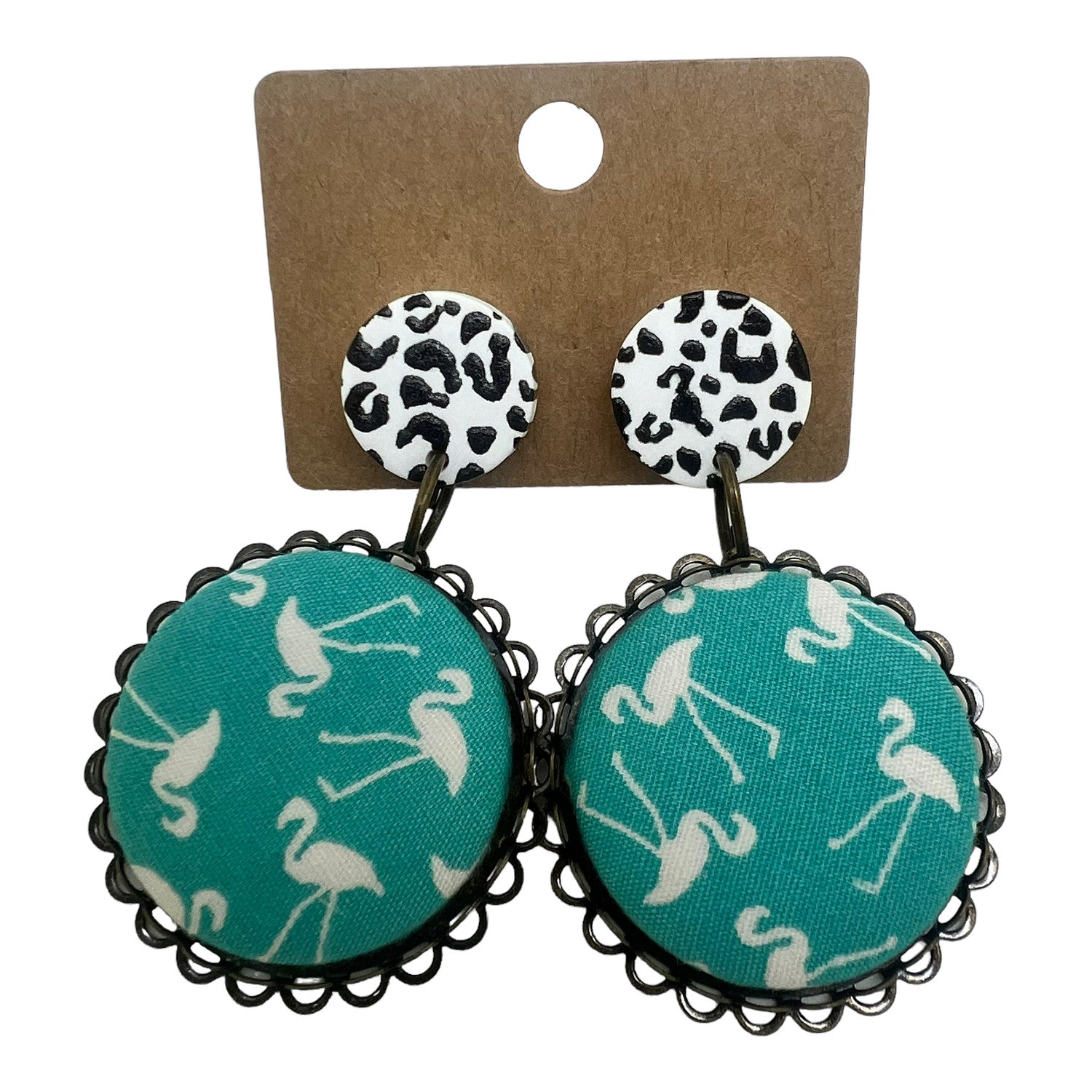Teal Flamingo Print Fabric Button Drop Earrings