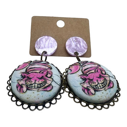 Cheshire Cat Wonderland Fabric Button Drop Earrings