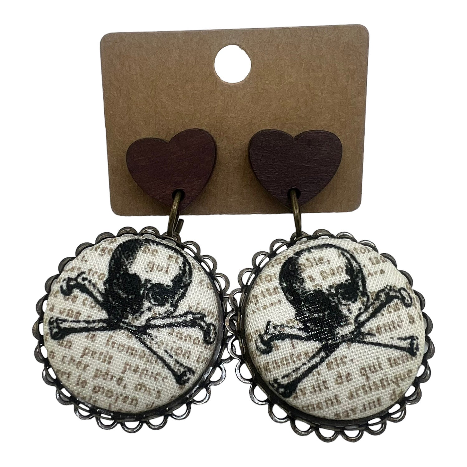 Skull Scroll - Fabric Button Drop Earrings