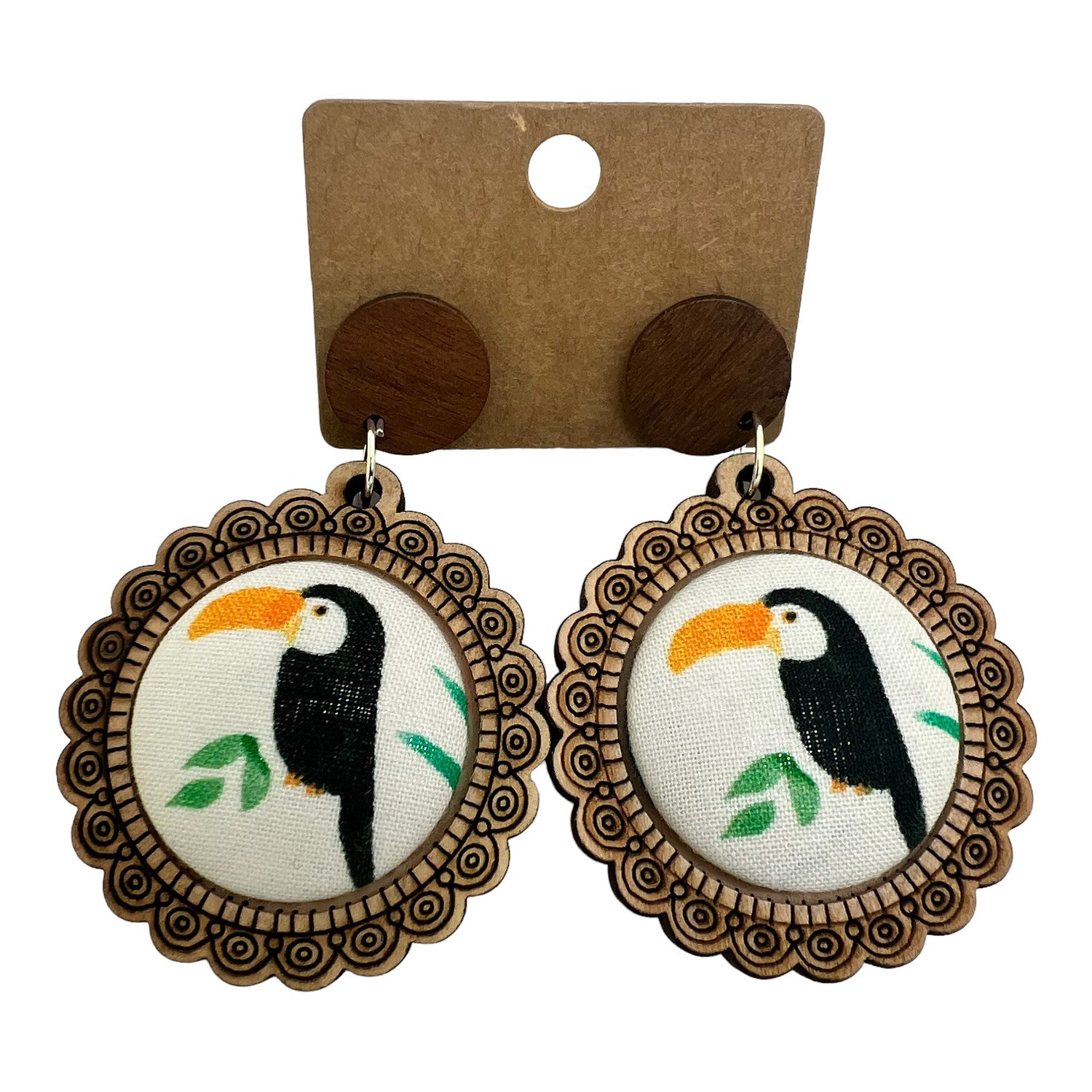 Toucan Wood & Fabric Button Earrings