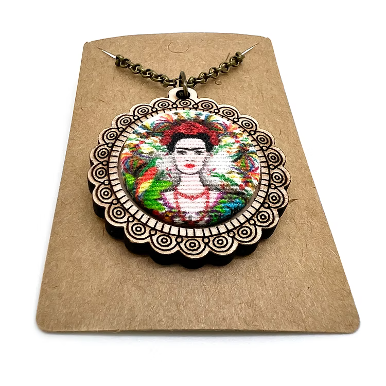 Frieda Kahlo White Background - Wood Frame Necklace