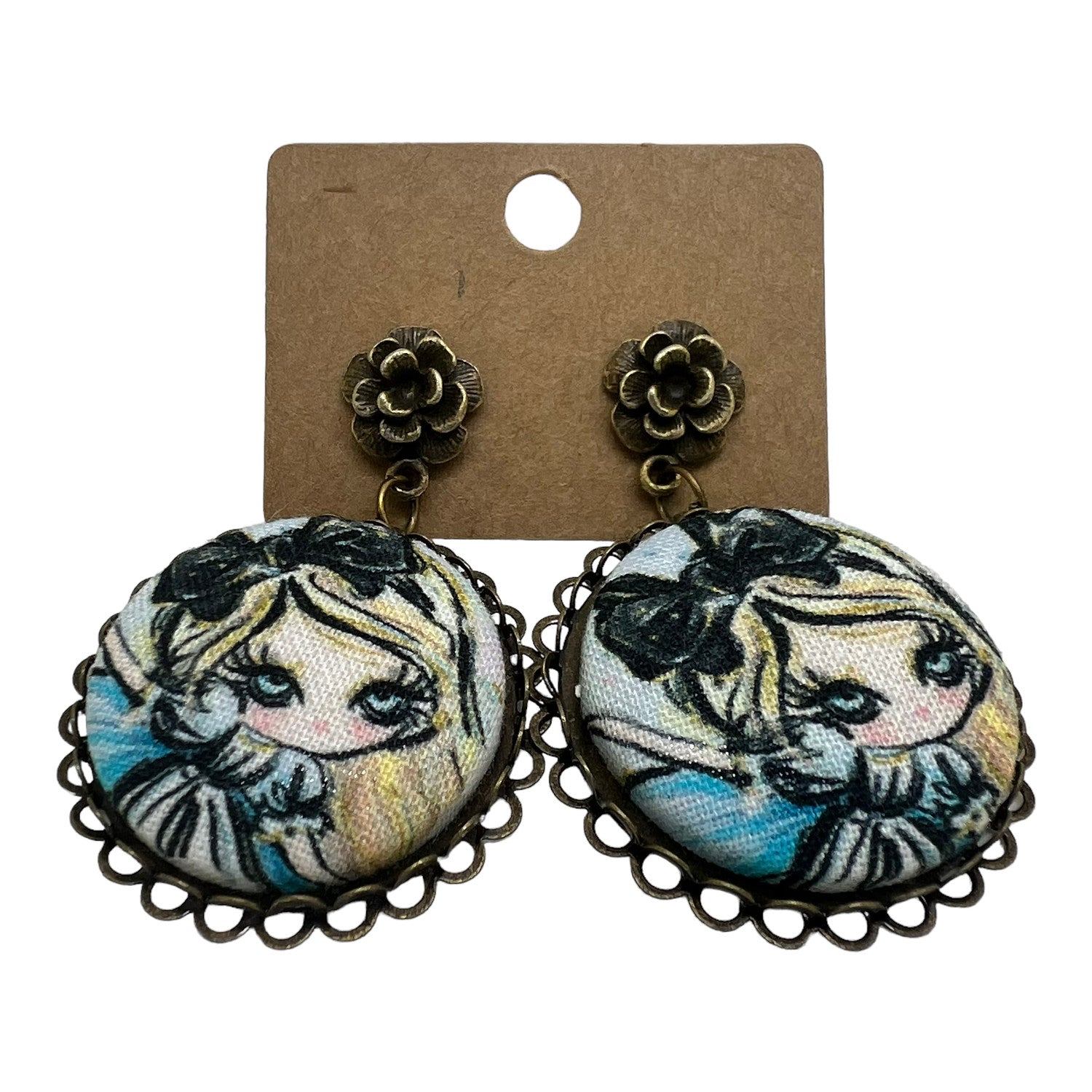 Alice In Wonderland - Fabric Button Drop Earrings On Rose Studs