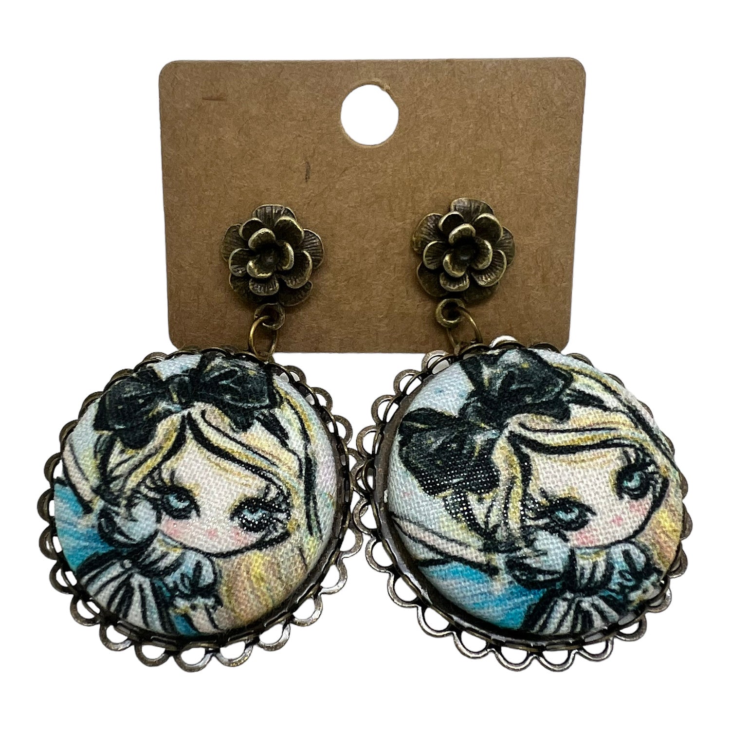Alice In Wonderland - Fabric Button Drop Earrings On Rose Studs