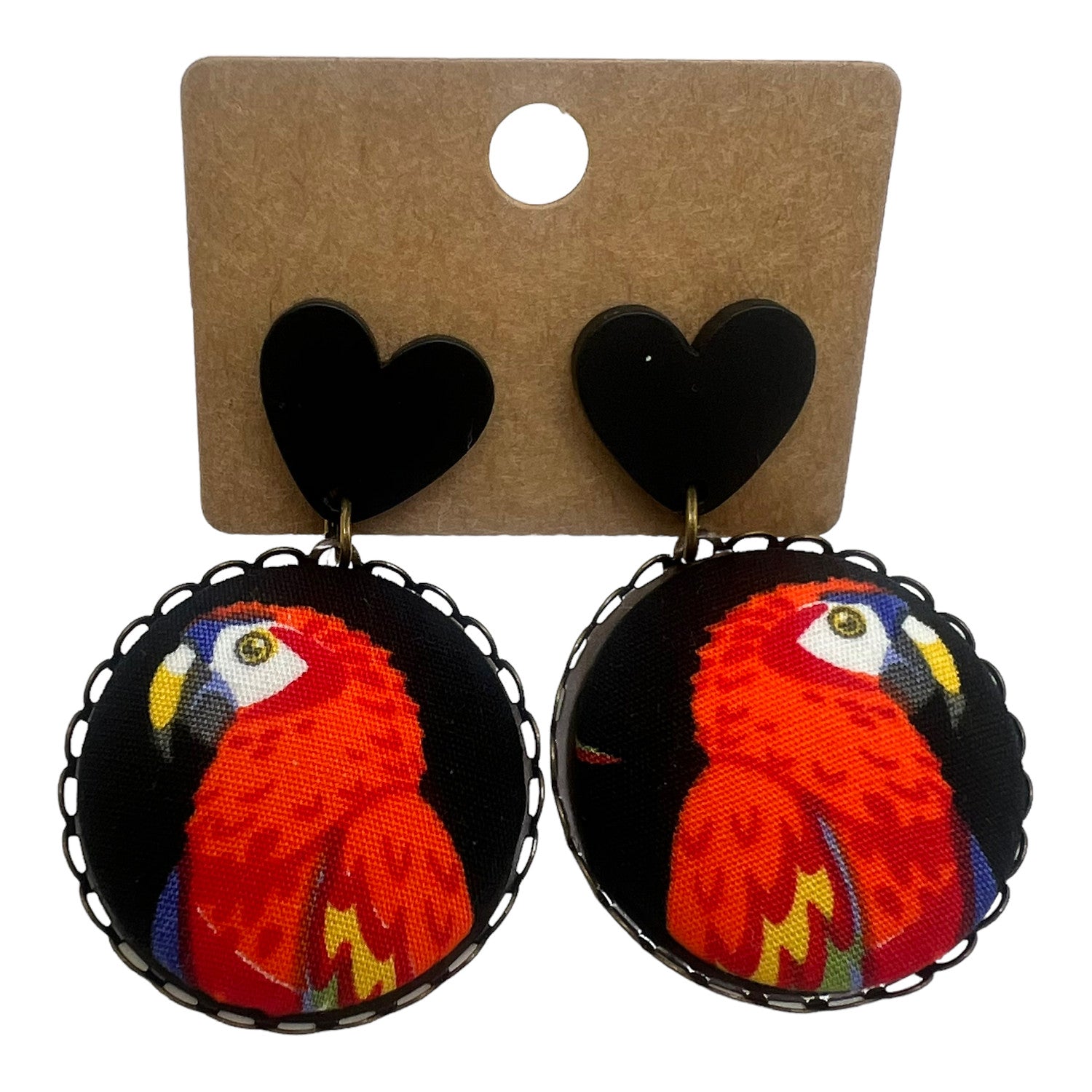 Red Parrots On Black - Fabric Button Drop Earrings