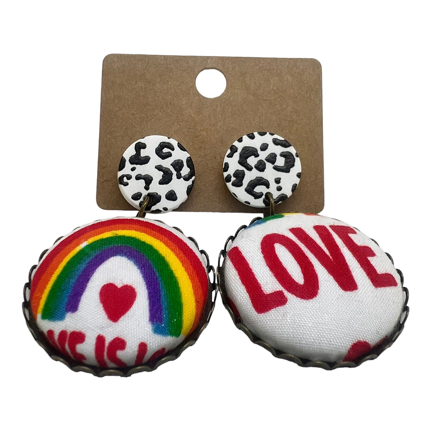Rainbow Pride Love Fabric Button Drop Earrings