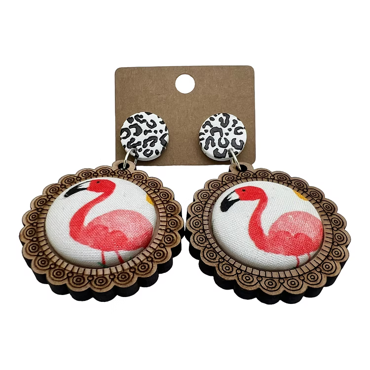 Flamingo Wood & Fabric Button Earrings