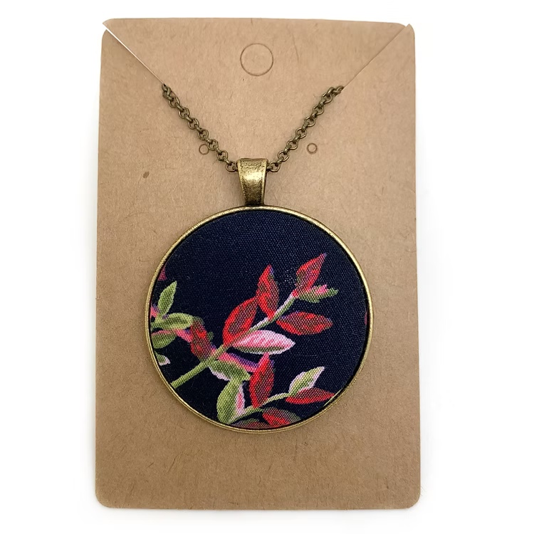 Navy Floral - Large Fabric Button Necklace