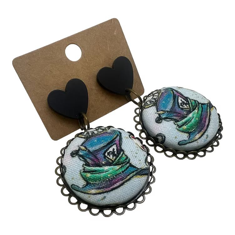 Mad Hatter Fabric Button Drop Earrings