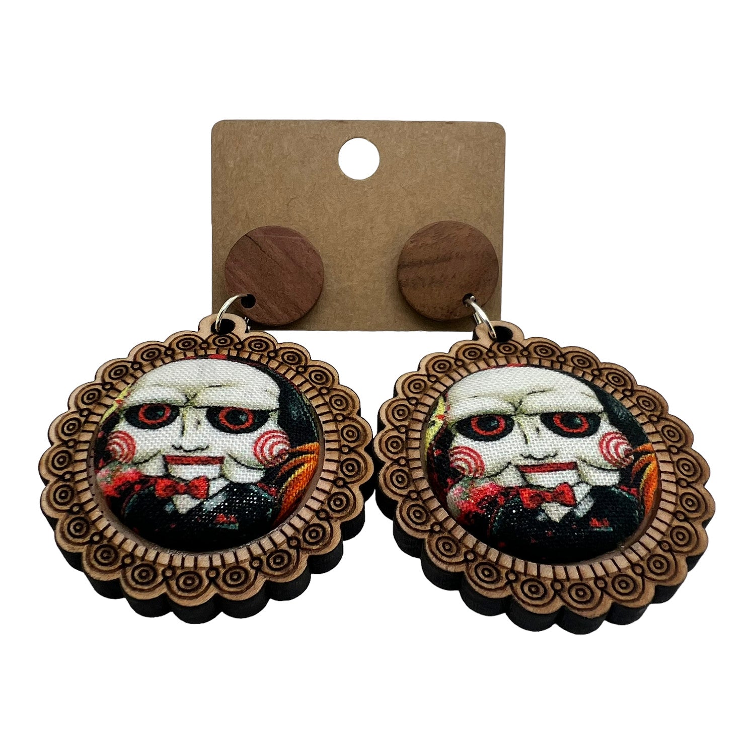 Billy Saw Horror Wood & Fabric Button Earrings