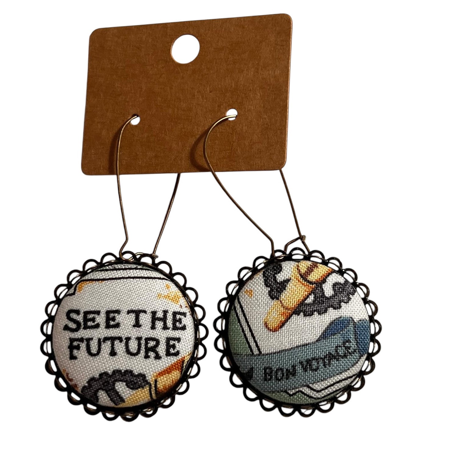 See The Future Steampunk Statement Fabric Button Earrings