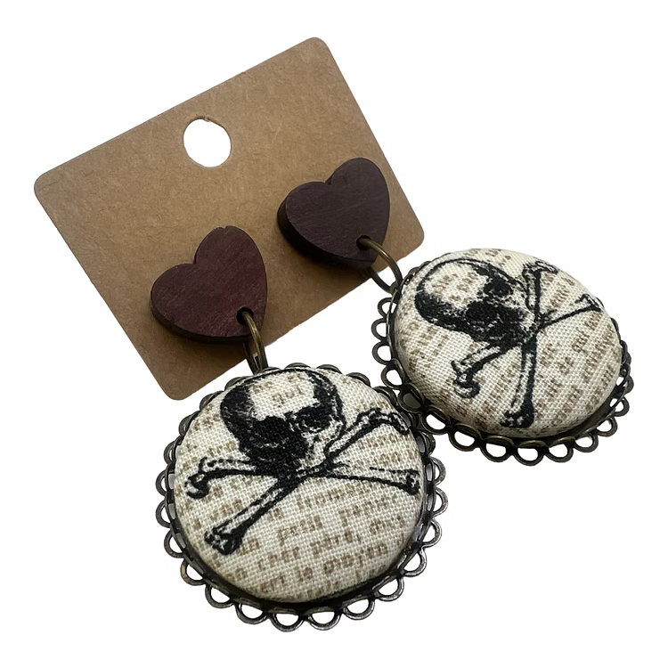 Skull Scroll - Fabric Button Drop Earrings
