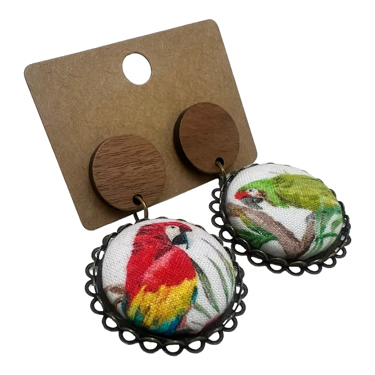 Mismatched Parrot Fabric Button Drop Earrings