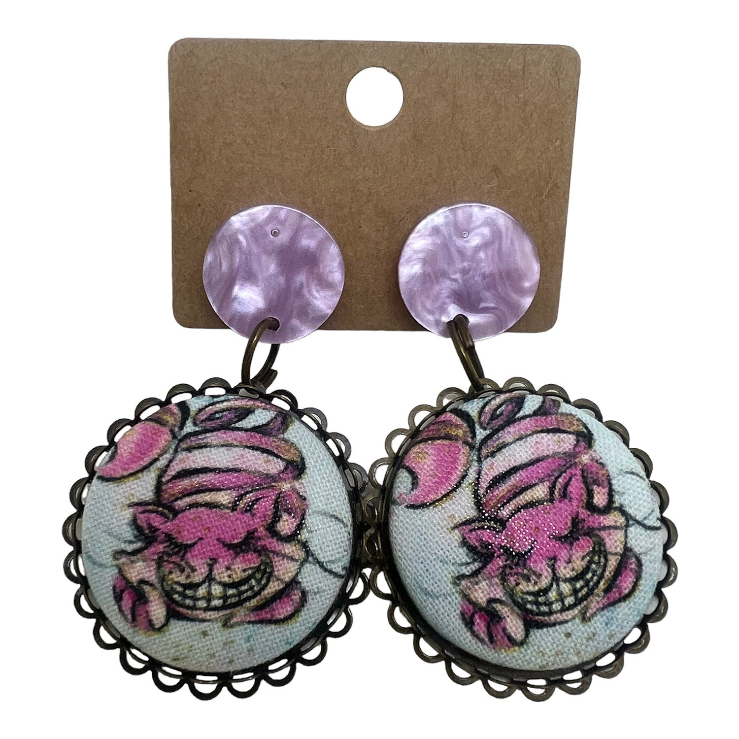 Cheshire Cat Wonderland Fabric Button Drop Earrings