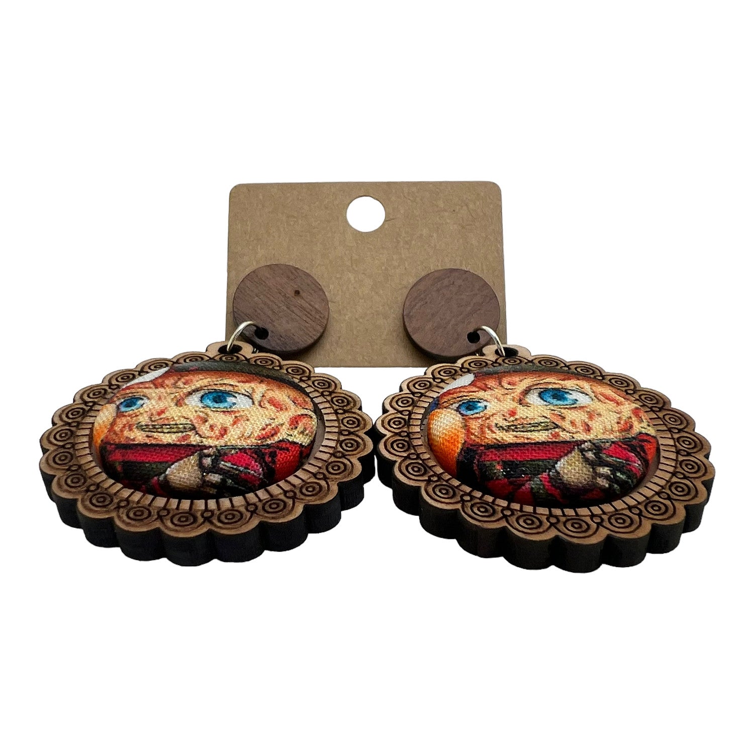 Freddy Krueger Horror Wood & Fabric Button Earrings