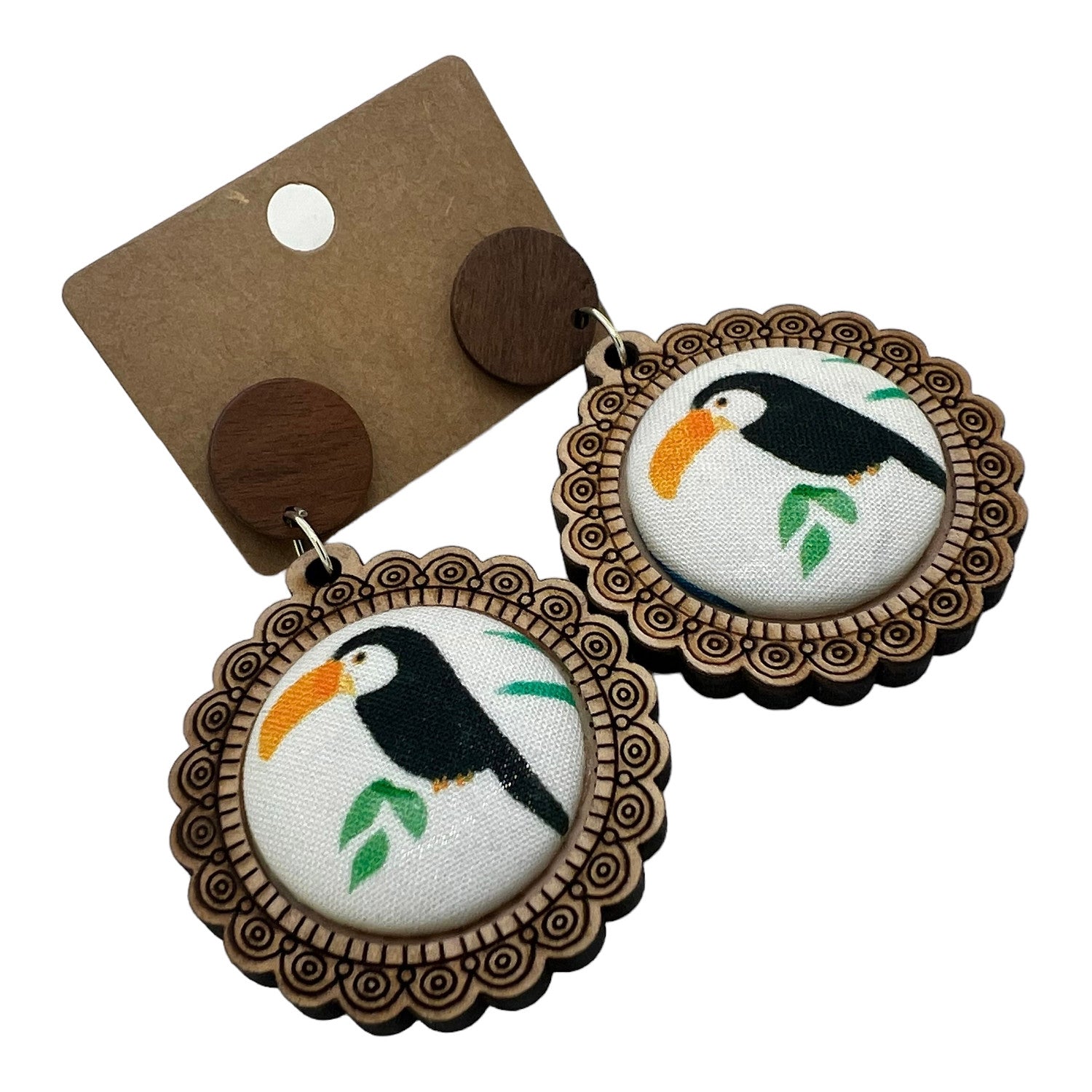 Toucan Wood & Fabric Button Earrings