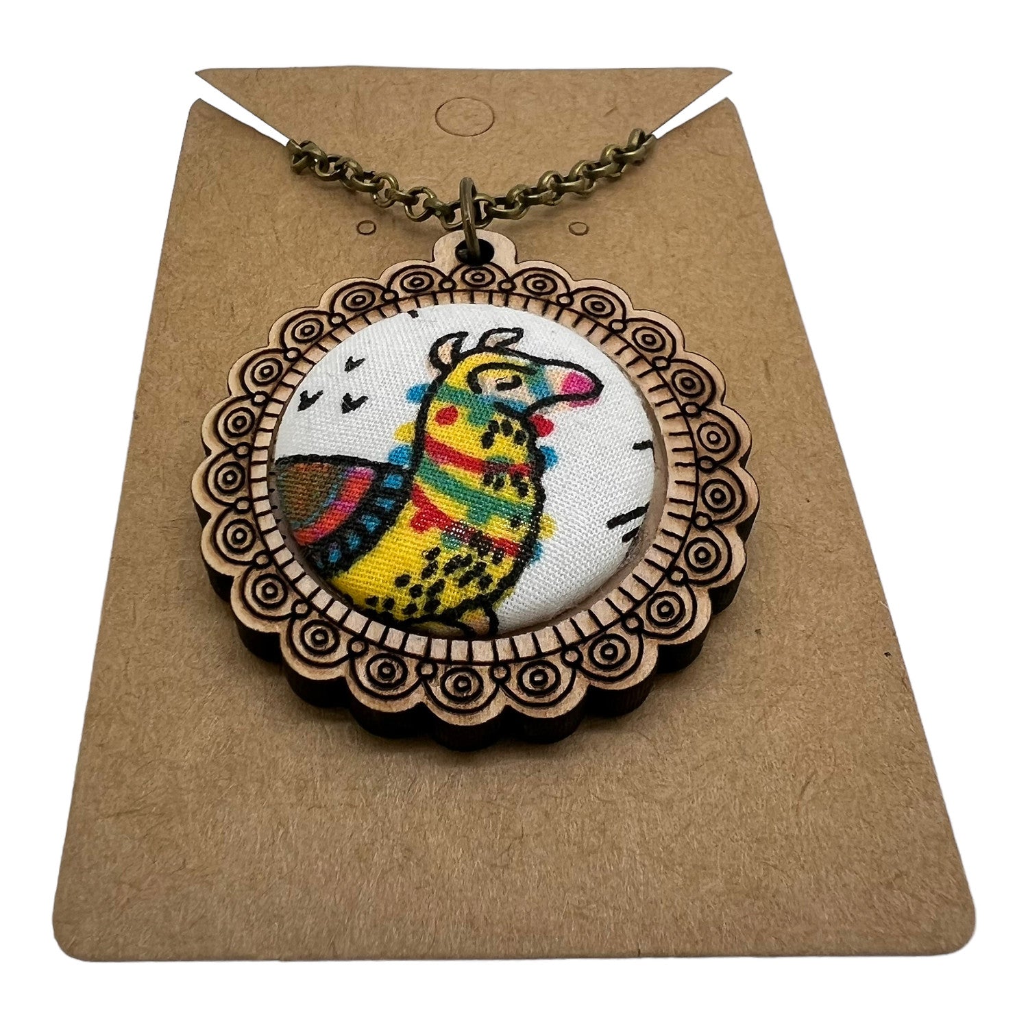 Yellow Llama - Wood Frame Necklace
