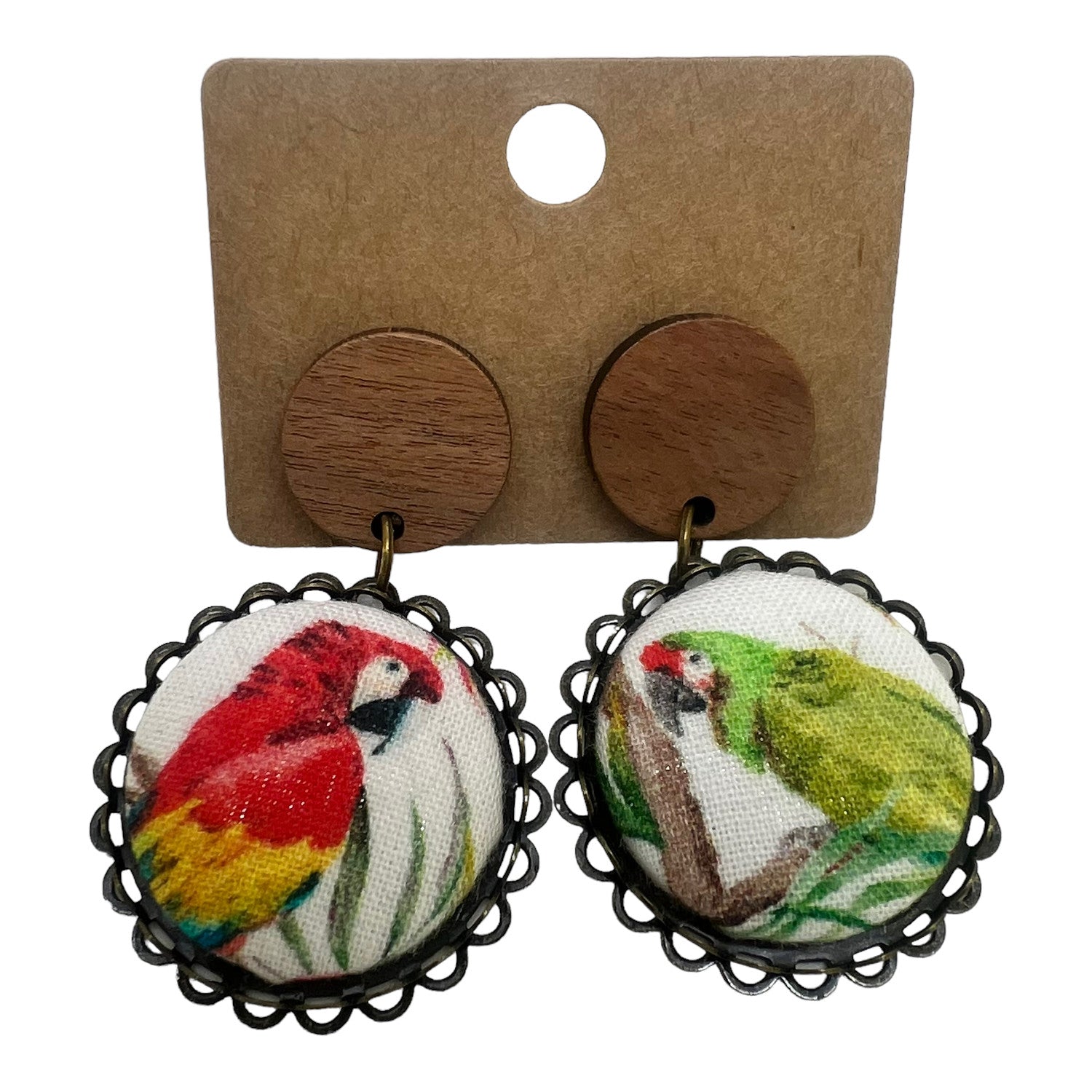Mismatched Parrot Fabric Button Drop Earrings