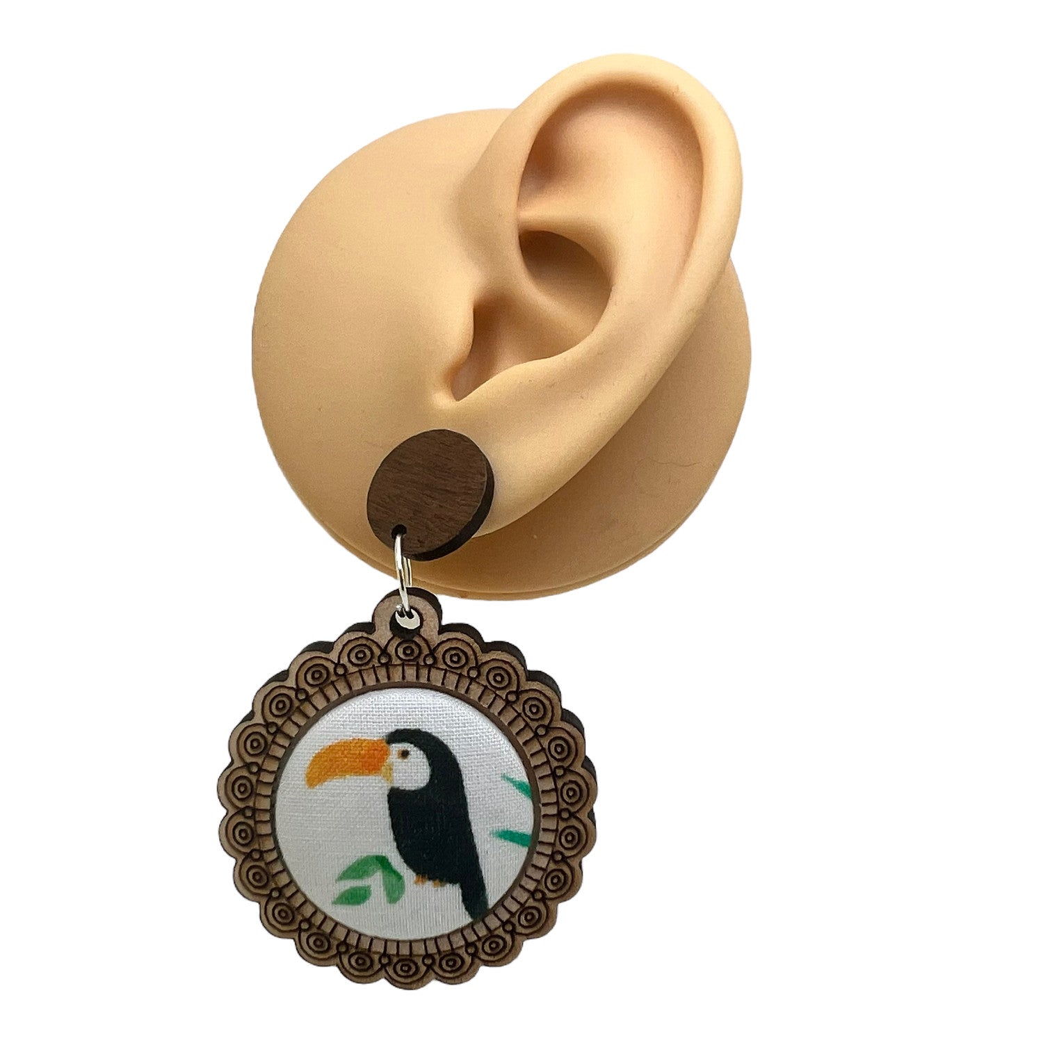 Toucan Wood & Fabric Button Earrings