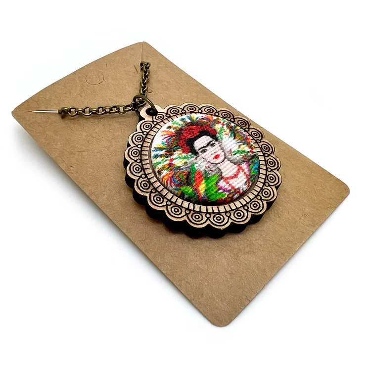 Frieda Kahlo White Background - Wood Frame Necklace