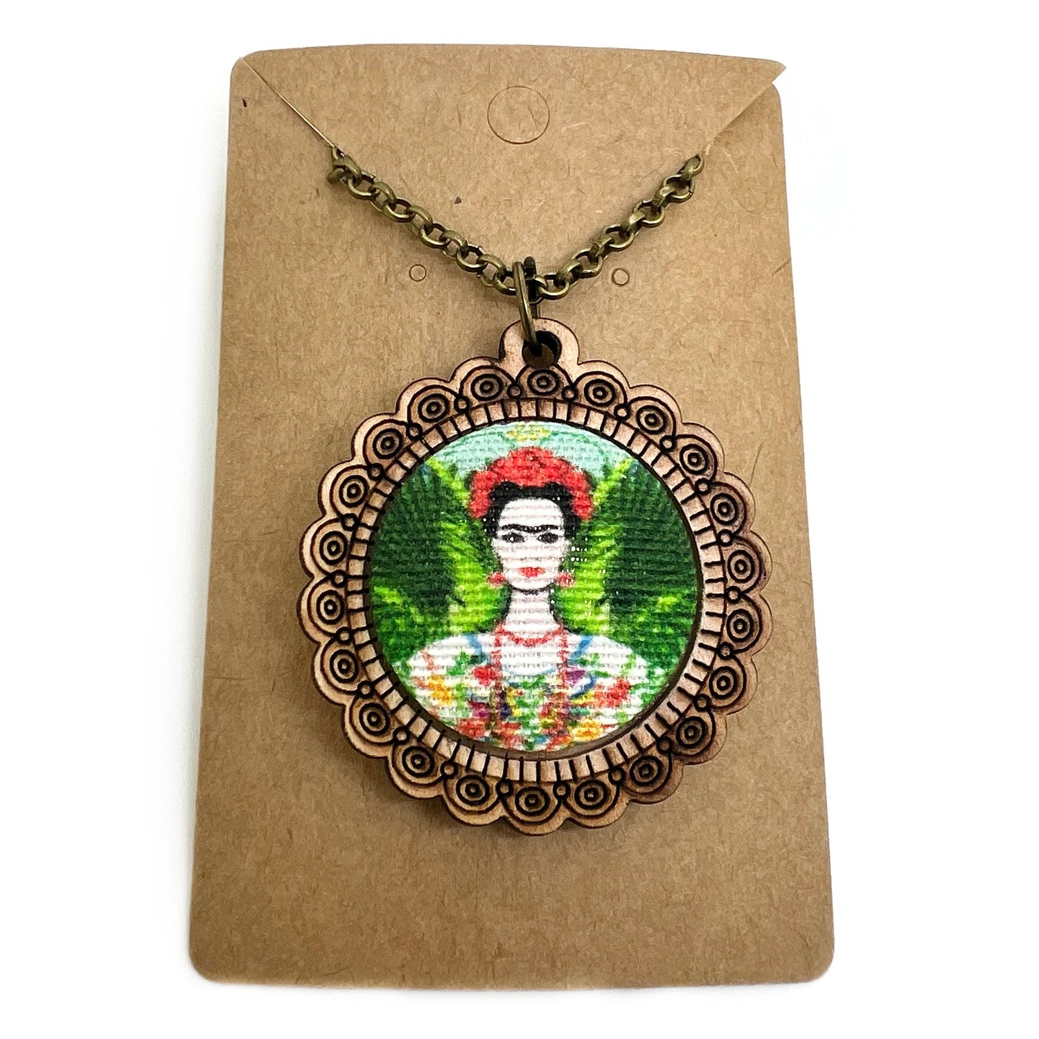 Frieda Kahlo Green Background - Wood Frame Necklace