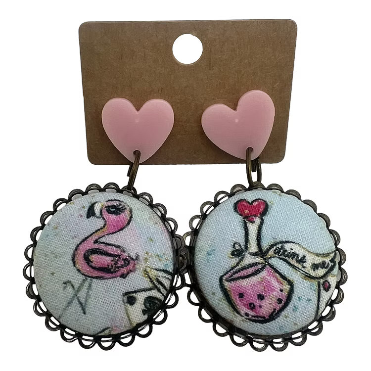 Wonderland Drink Me & Flamingo Mismatched Fabric Button Drop Earrings