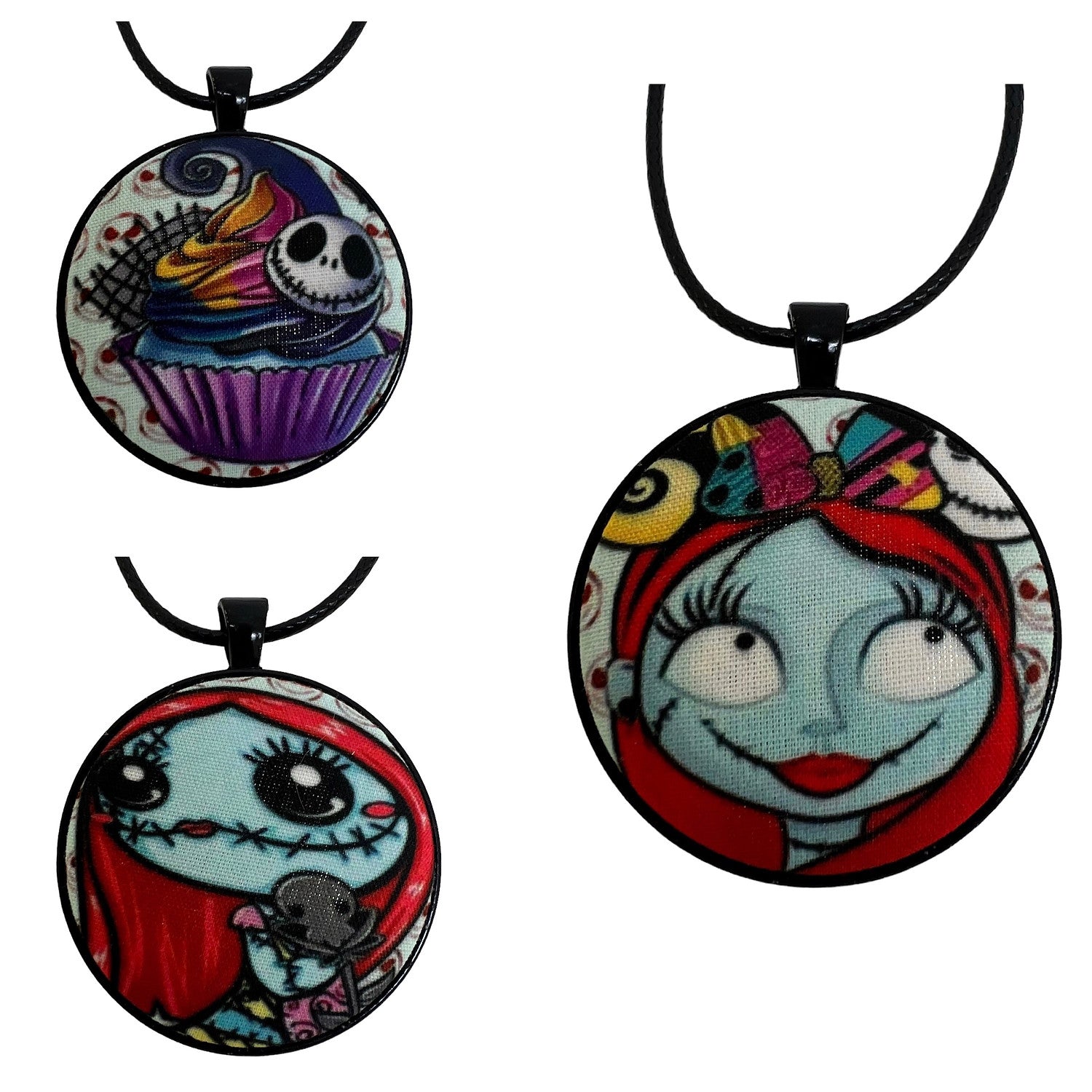 Cartoon Jack & Sally - Large Fabric Button Necklace