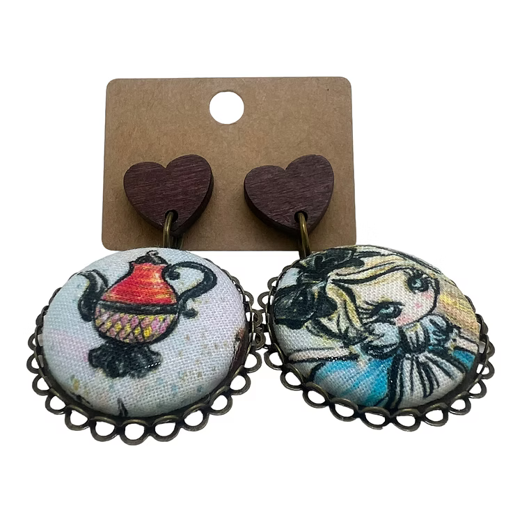 Alice & Wonderland Teapot - Fabric Button Drop Earrings