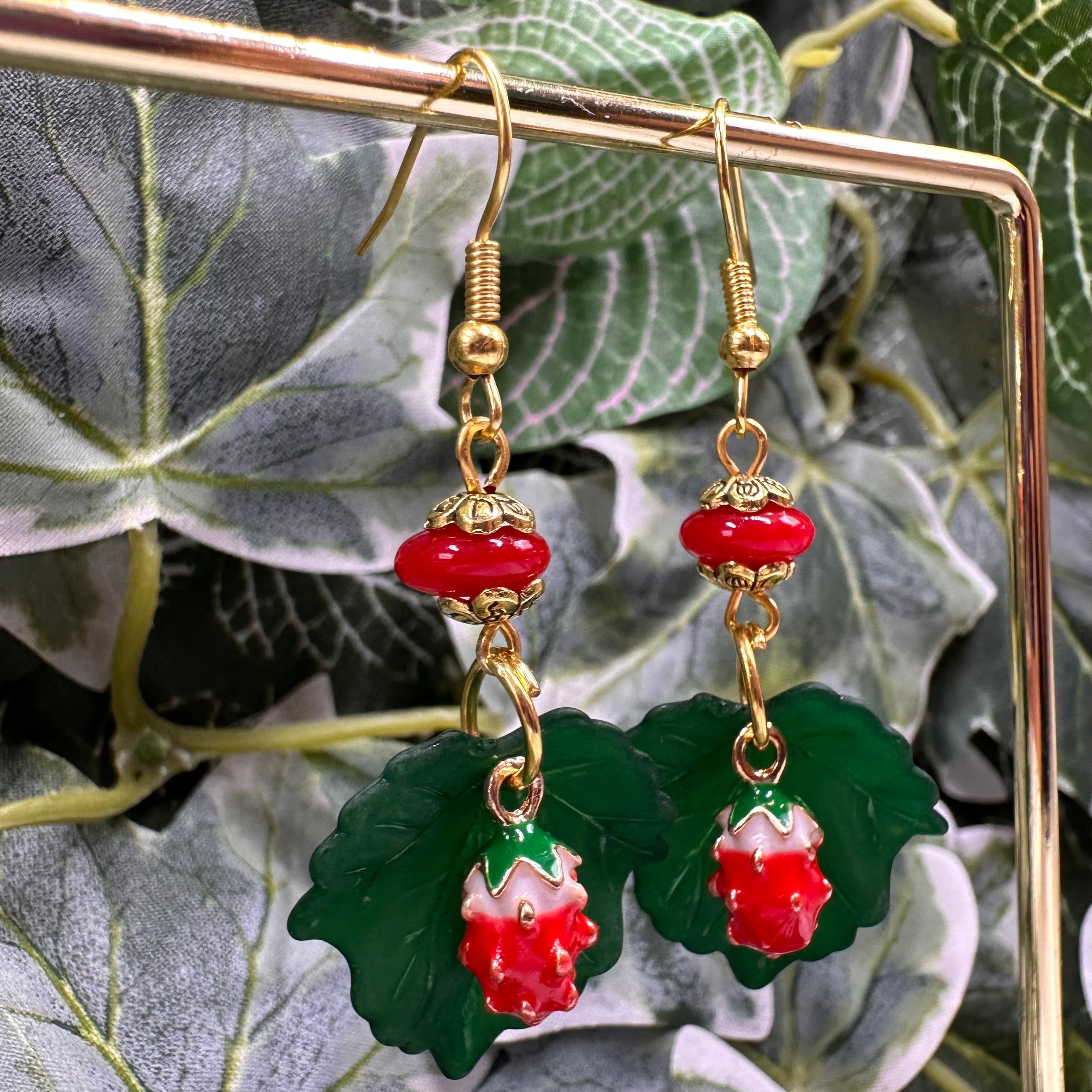 Strawberry & Green Leaf Beaded Charm Earrings