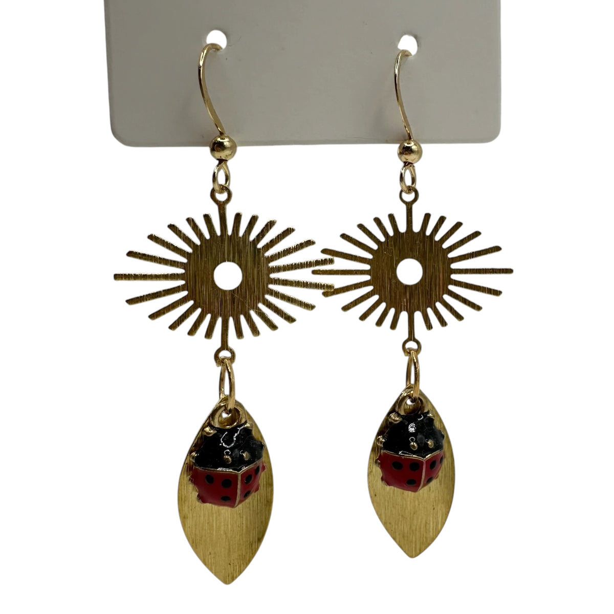 Ladybird's Garden Earrings – champagne gold-tone sunburst, leaf and ladybird earrings