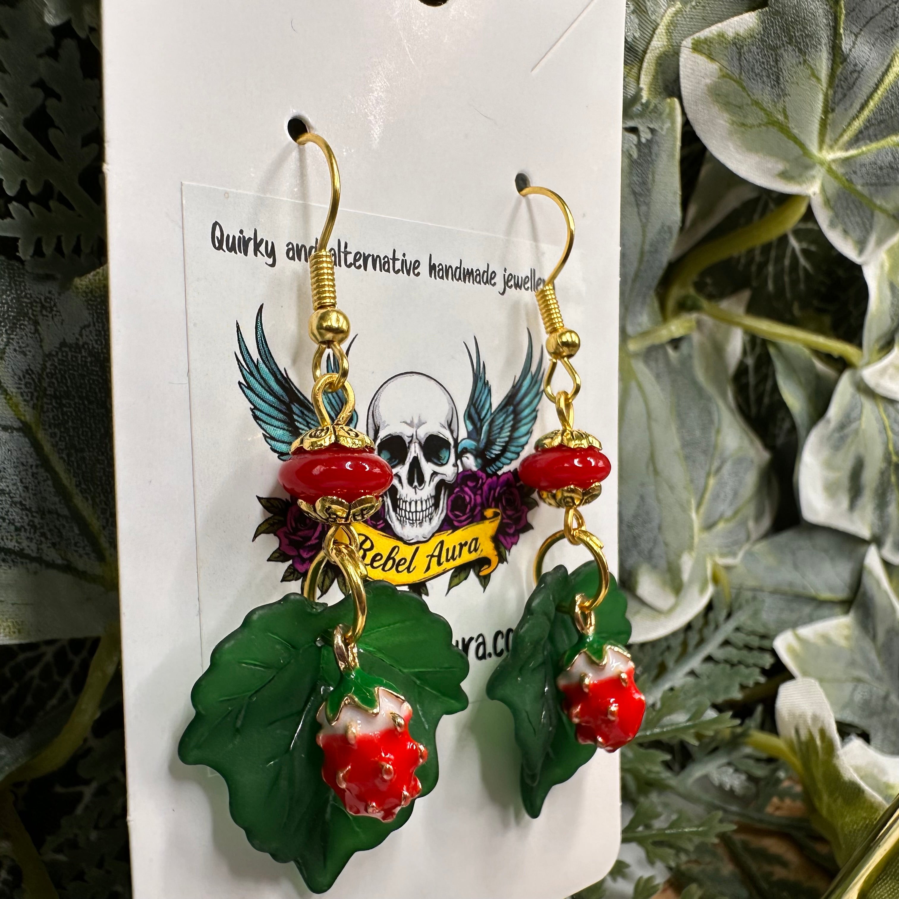 Strawberry & Green Leaf Beaded Charm Earrings