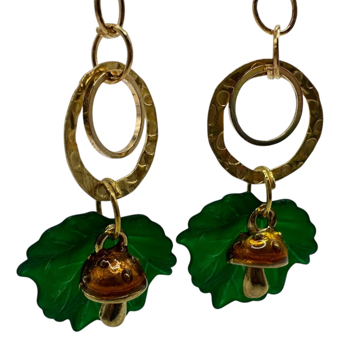 Enchanted Woodland Earrings – champagne gold-tone leaf and toadstool charm earrings