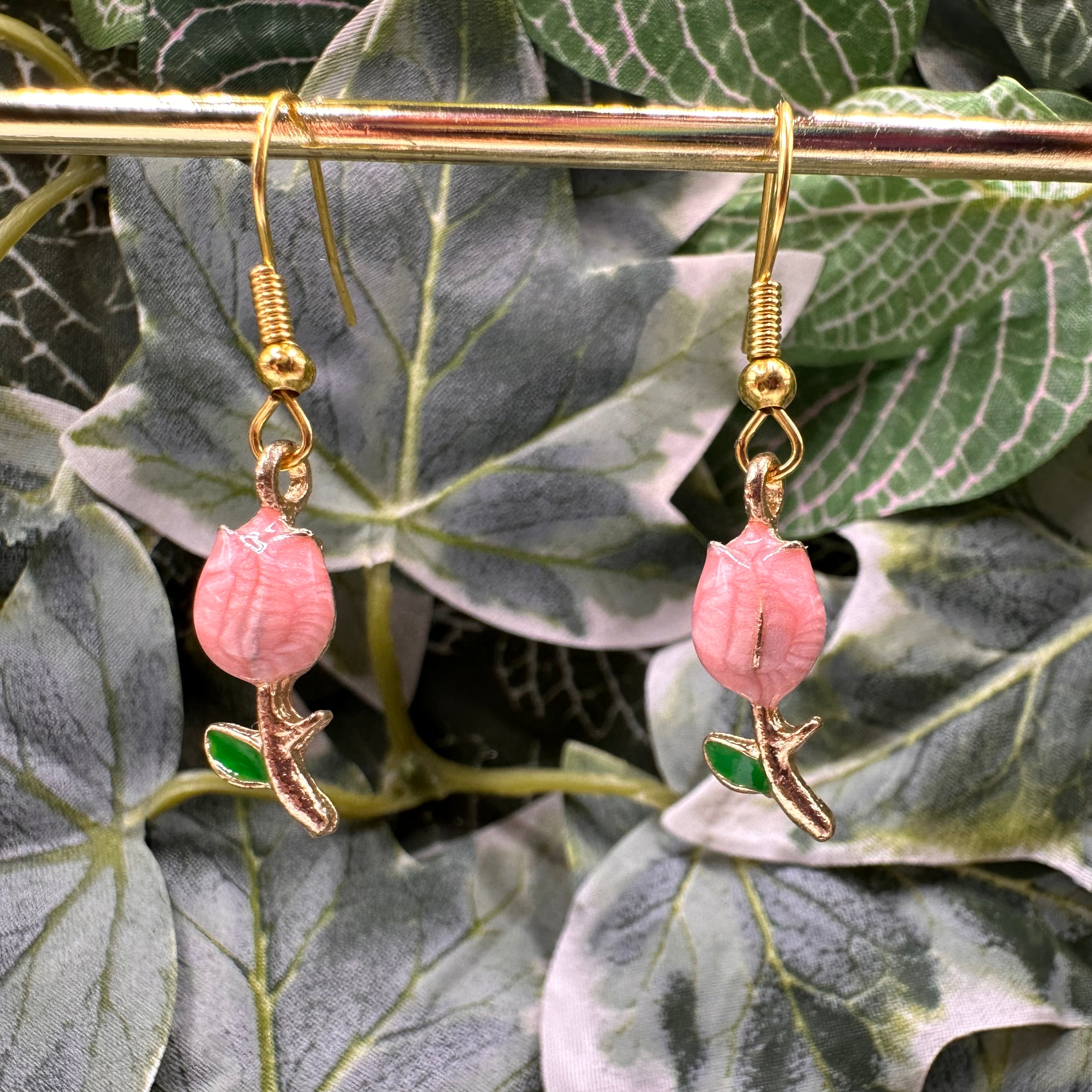 Pink & Gold Rose Charm Earrings