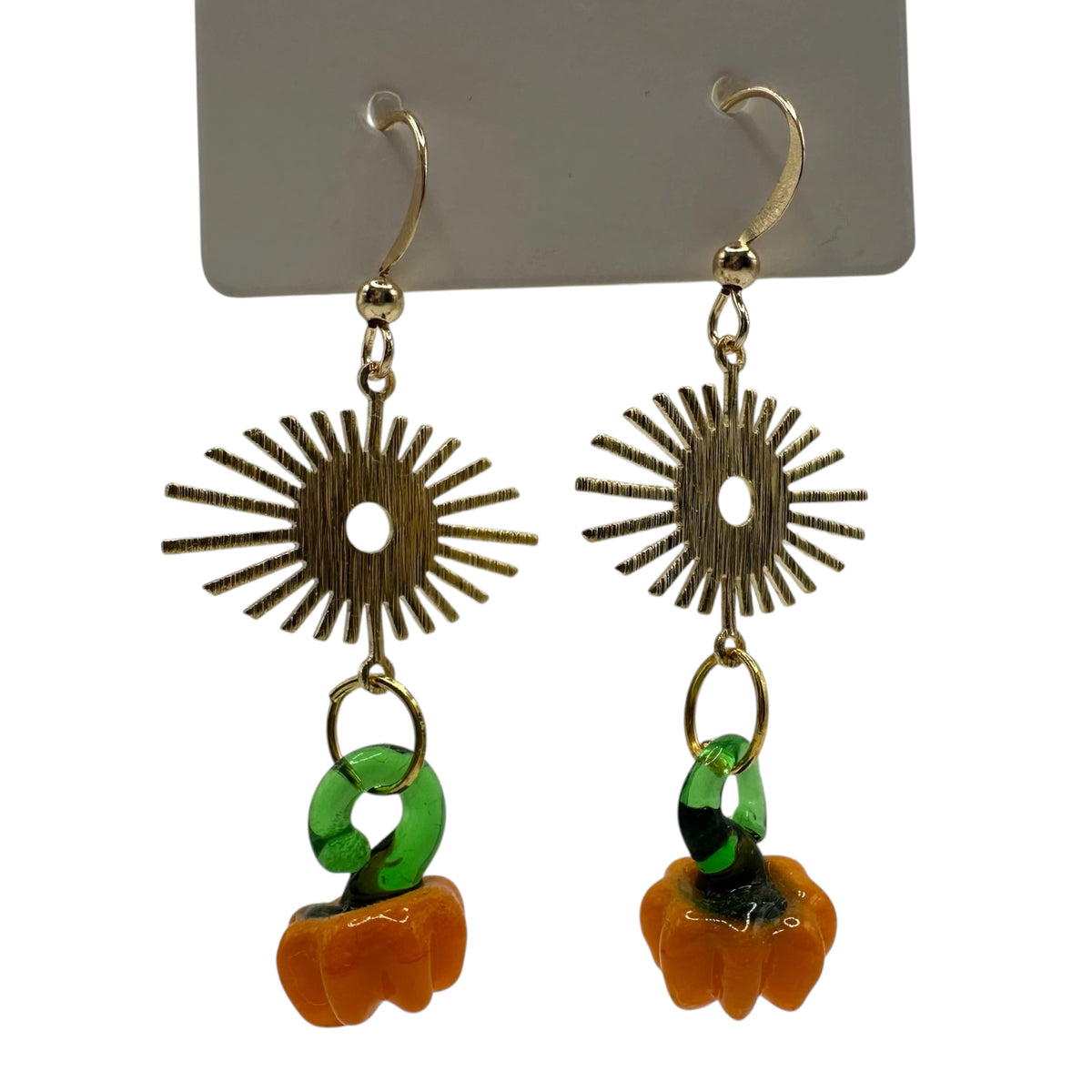 Sunlit Pumpkin Earrings – champagne gold-tone sunburst and carved glass pumpkin earrings