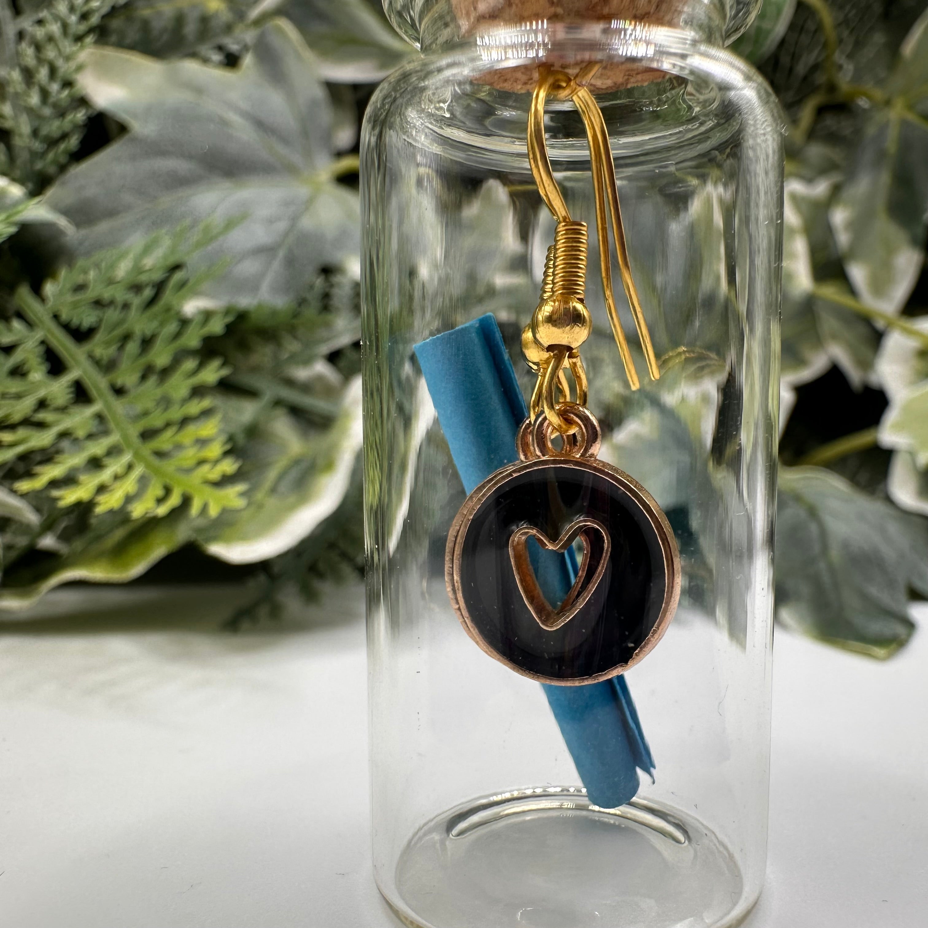 Black Heart Disc Bottled Charm Earrings - Gift Boxed
