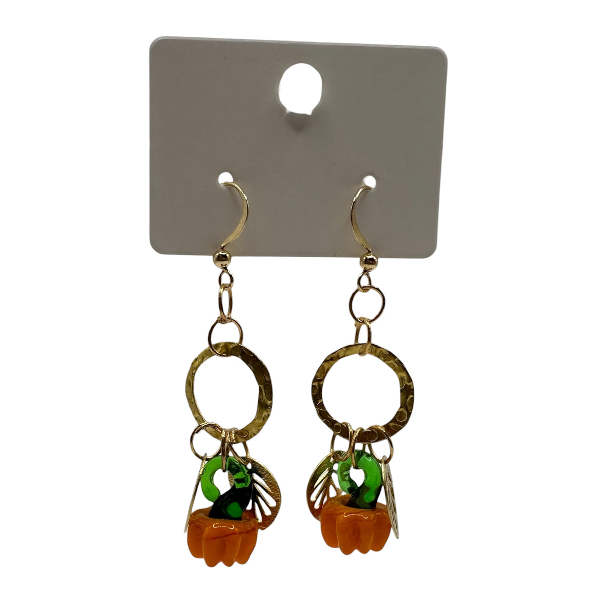 Pumpkin Patch Earrings – champagne gold-tone ring with carved glass pumpkin charm earrings