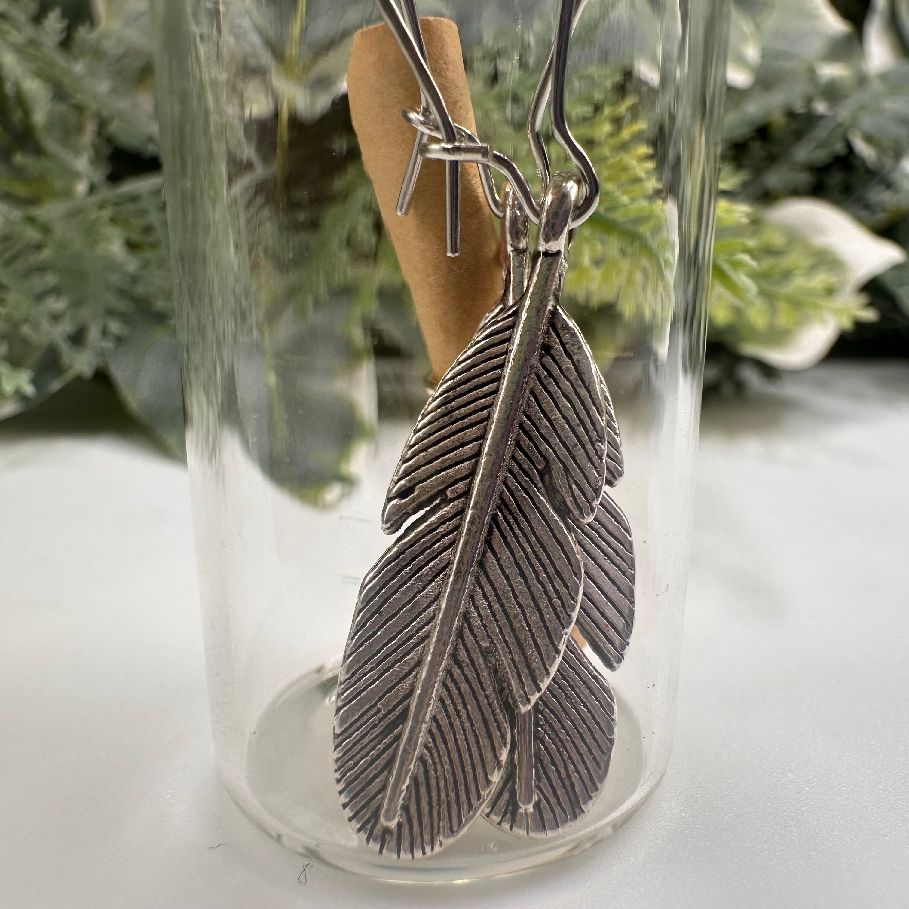 Silver Feather Bottled Charm Earrings