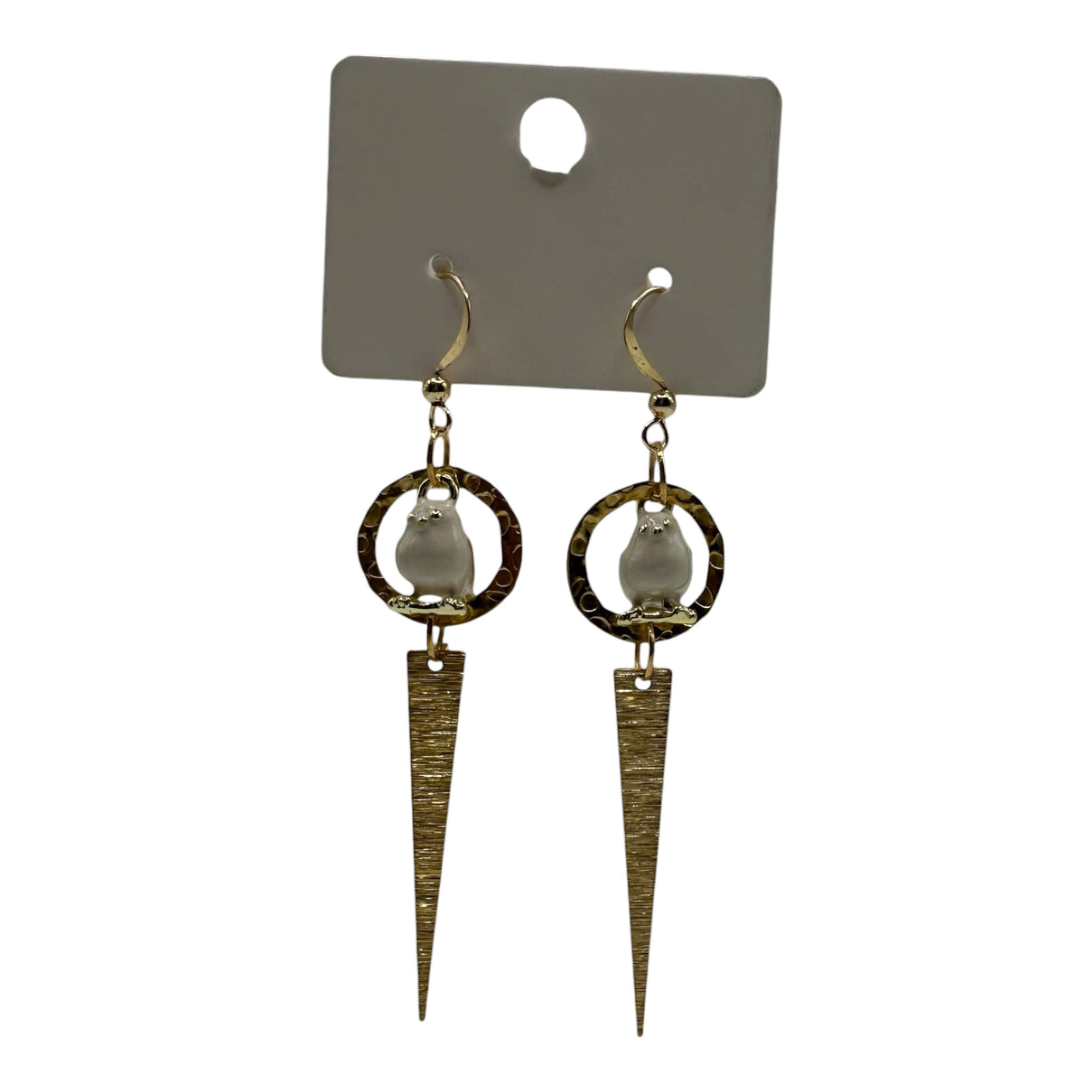 Garden Sentinel Pigeon Earrings – champagne gold-tone pigeon and dagger drop earrings