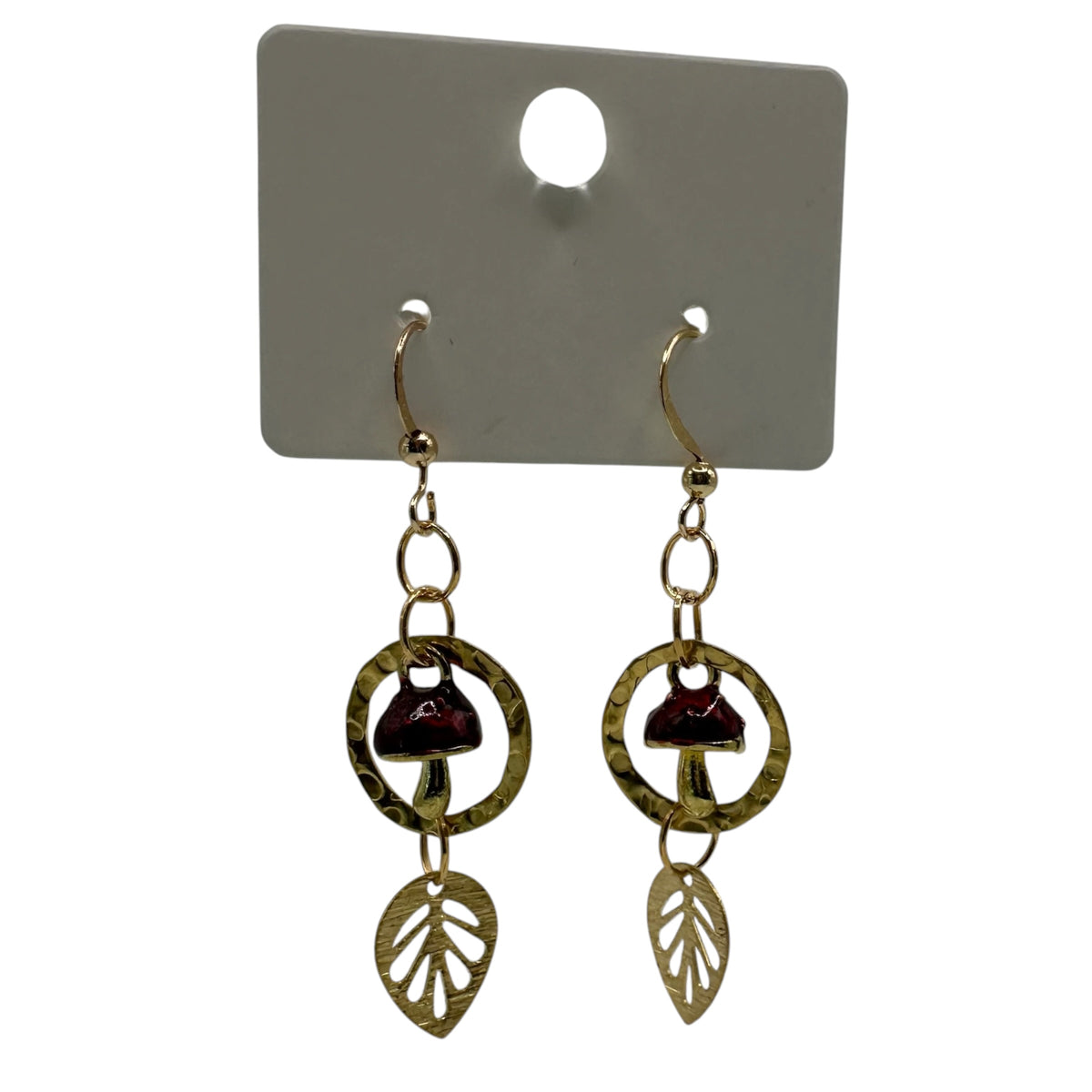 Fairy Ring Toadstool Earrings – champagne gold-tone toadstool and leaf charm earrings
