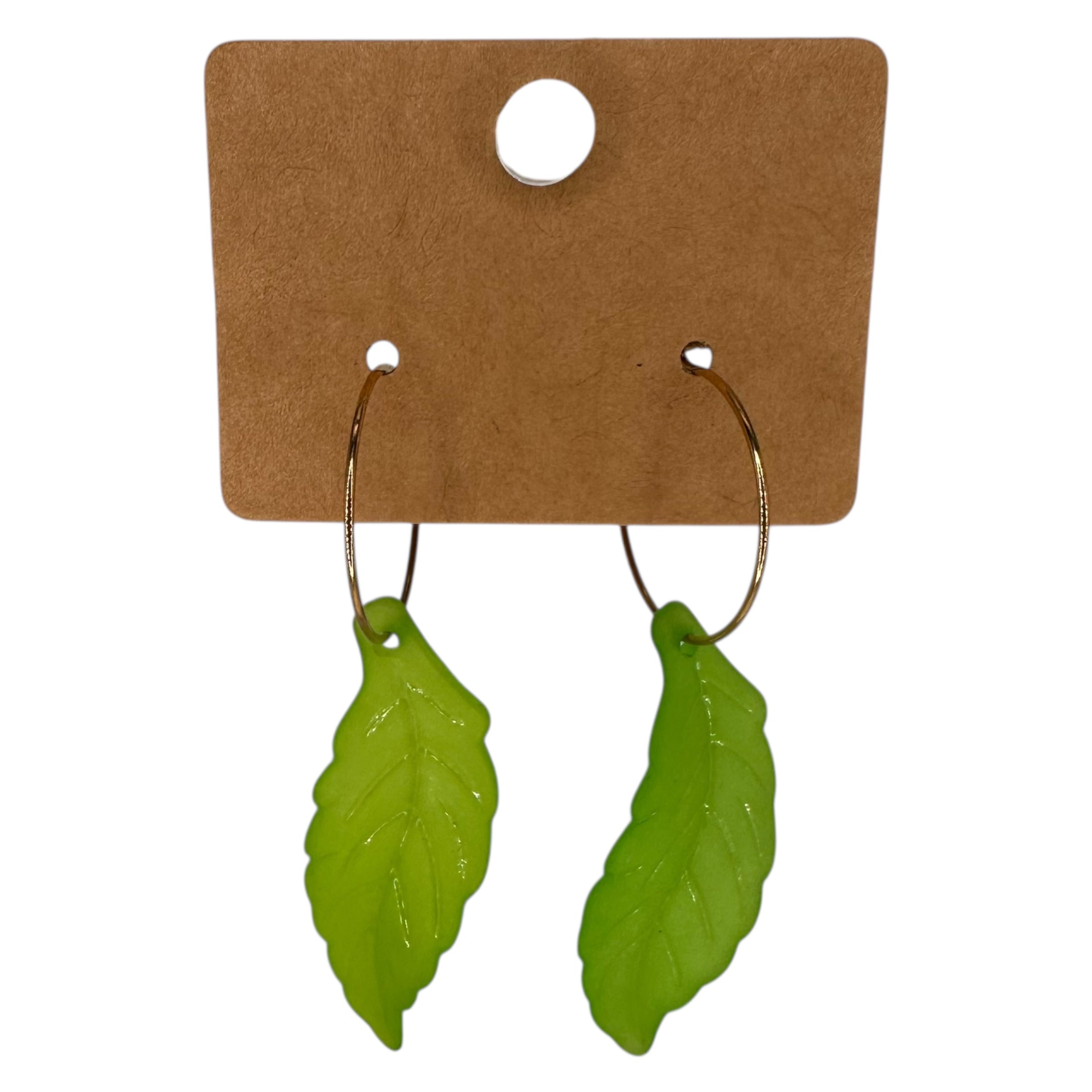 Long Green Leaf Charm Earrings