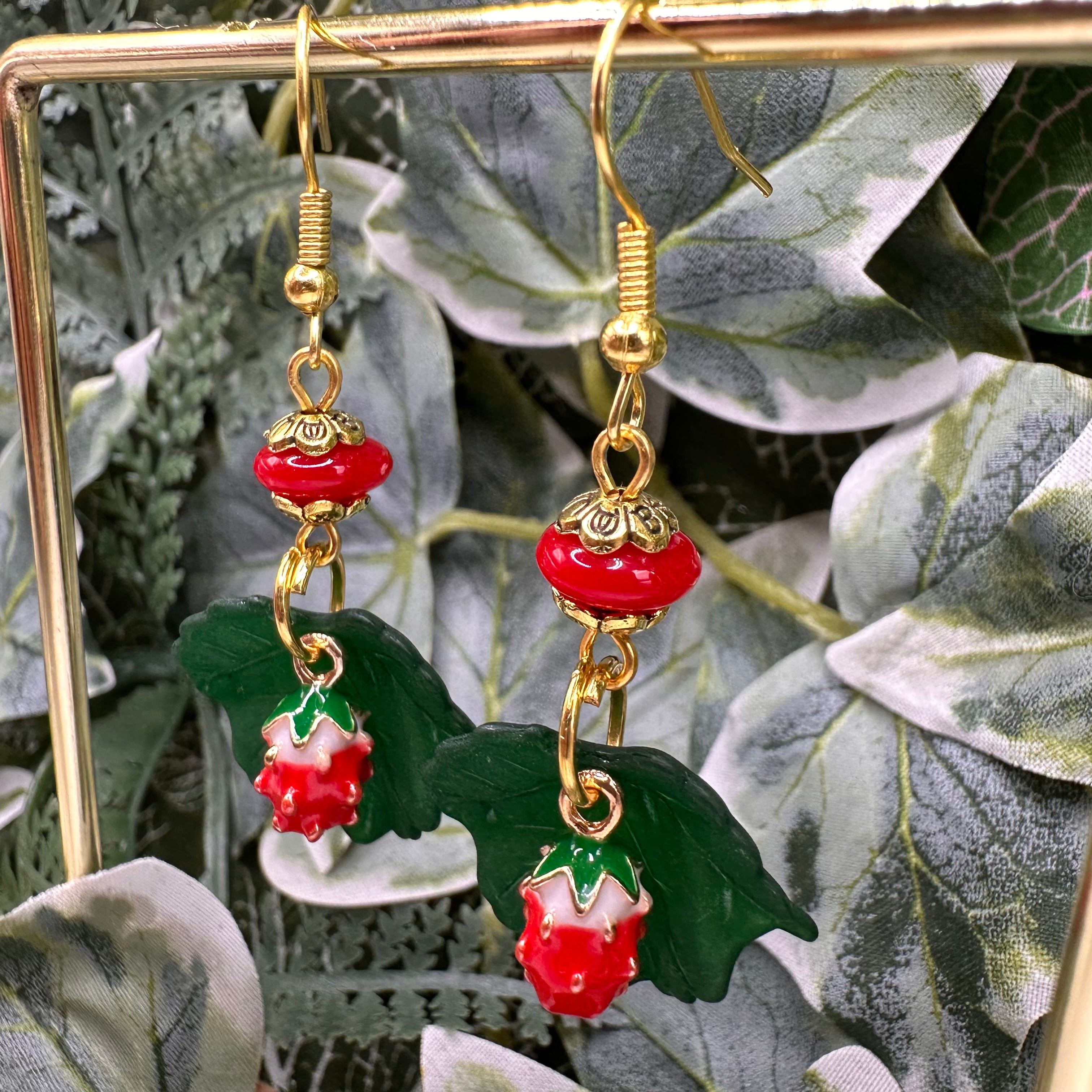 Strawberry & Green Leaf Beaded Charm Earrings