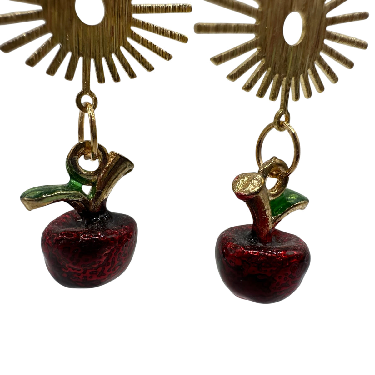 Apple Orchard Earrings – champagne gold-tone sunburst and apple charm earrings