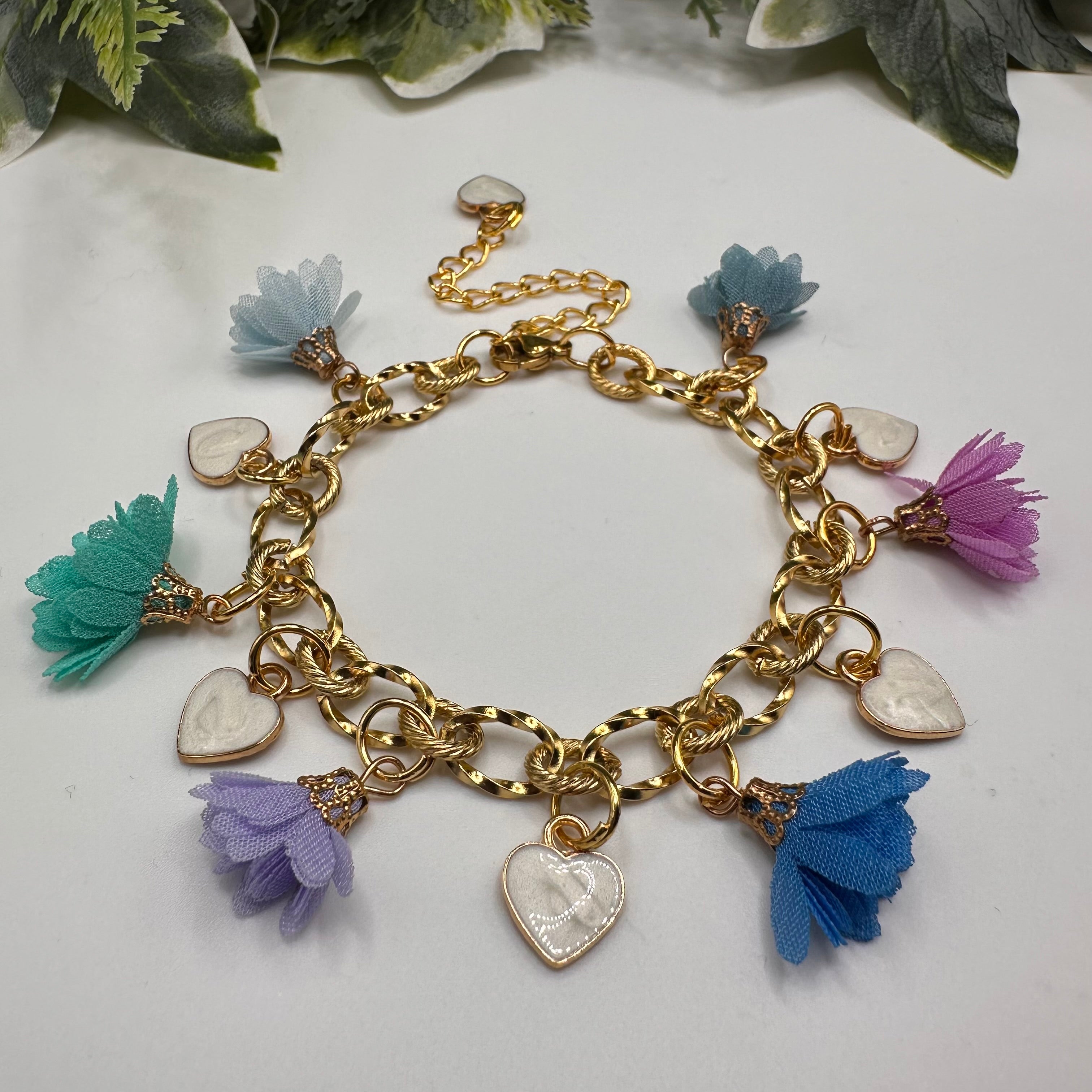 Hearts & Flowers Muted Pastel Charm Bracelet
