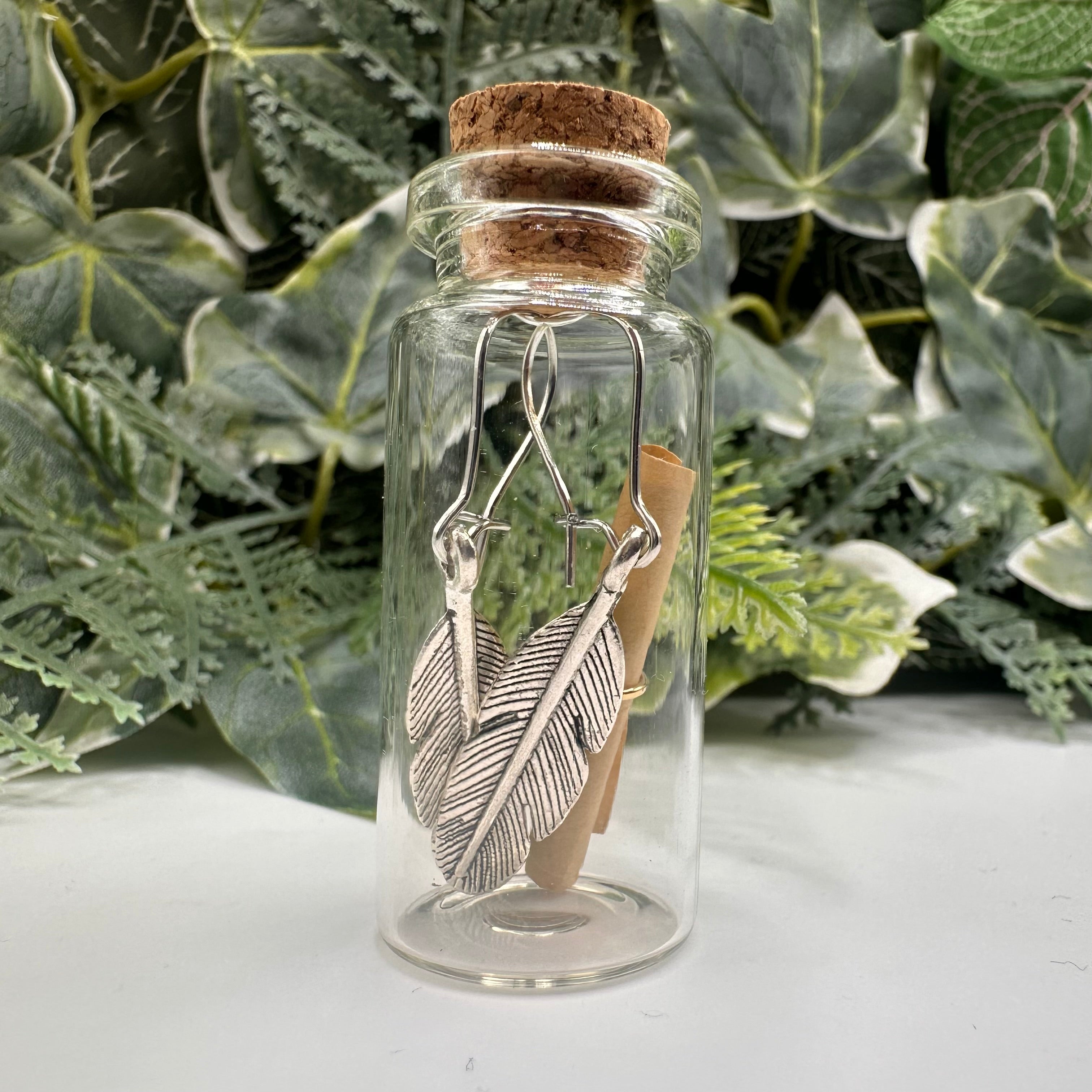 Silver Feather Bottled Charm Earrings