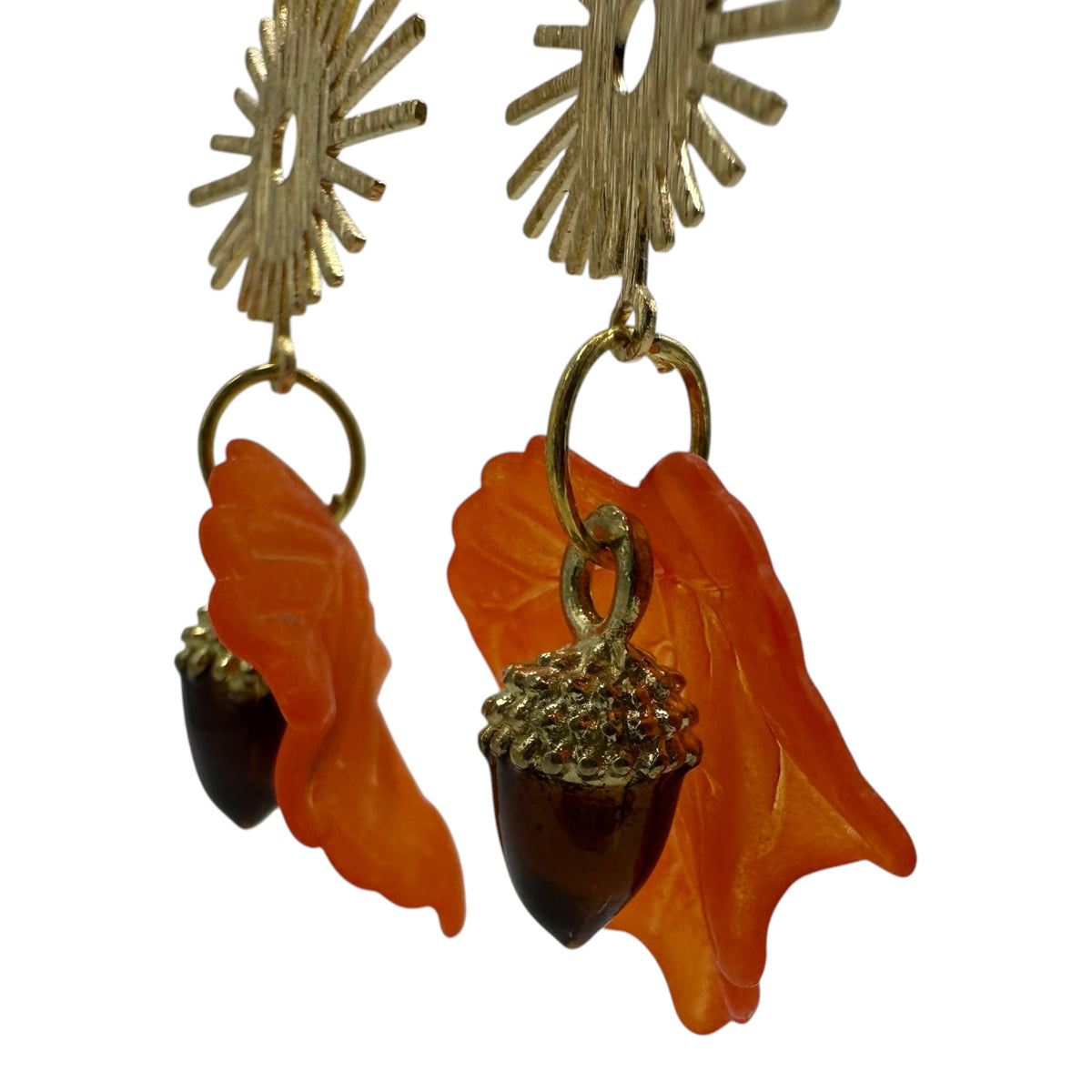 Autumn Sunbeam Acorn Earrings – champagne gold-tone sunburst, leaf and acorn earrings